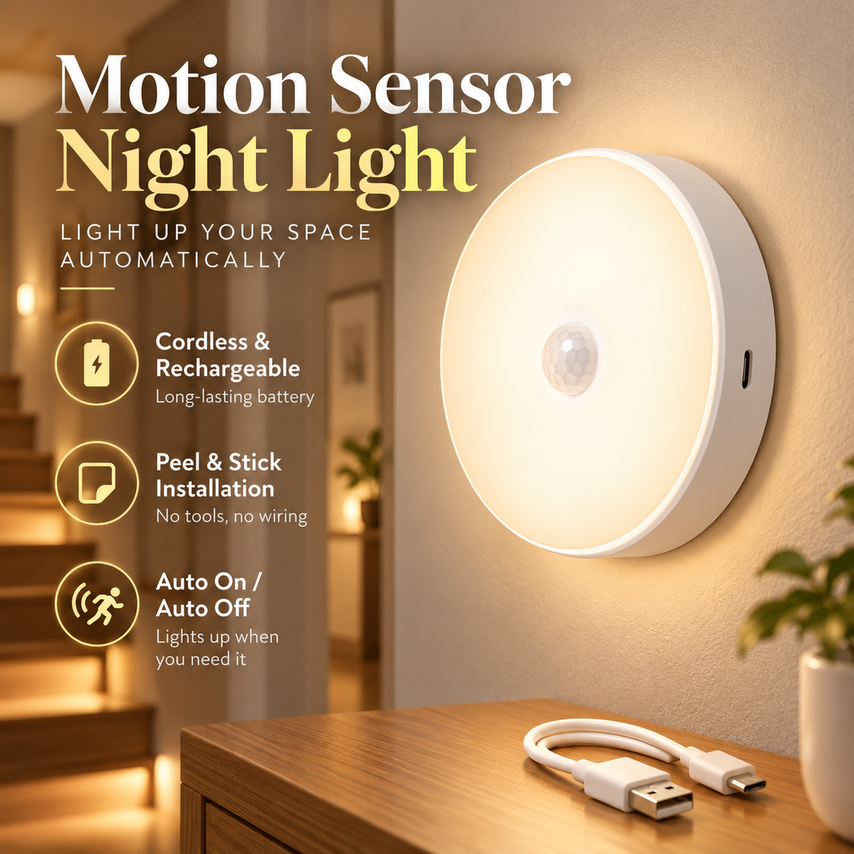 💡 LED USB Rechargeable Motion Sensor Night Light – Battery-Powered Wall Lamp for Hallway, Basement, Bathroom, Cabinet & Closet ✨