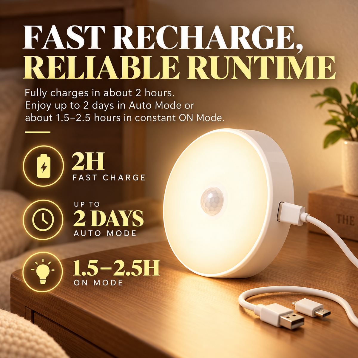 💡 LED USB Rechargeable Motion Sensor Night Light – Battery-Powered Wall Lamp for Hallway, Basement, Bathroom, Cabinet & Closet ✨