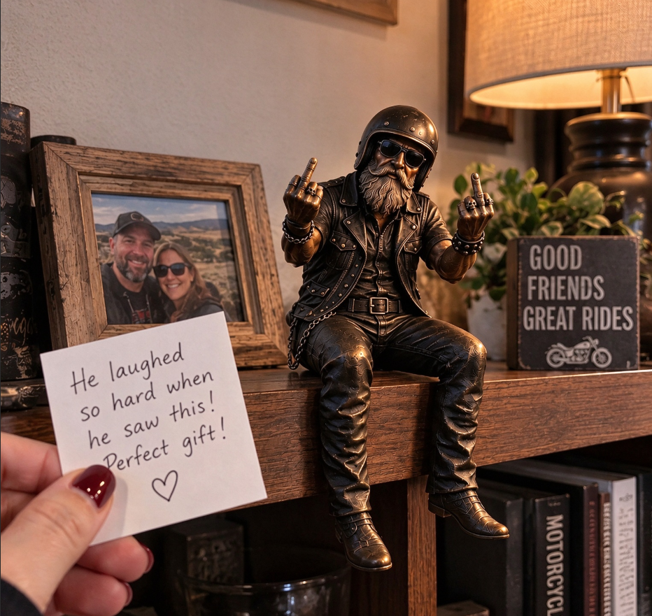 Old biker shelf sitter given as funny motorcycle gift