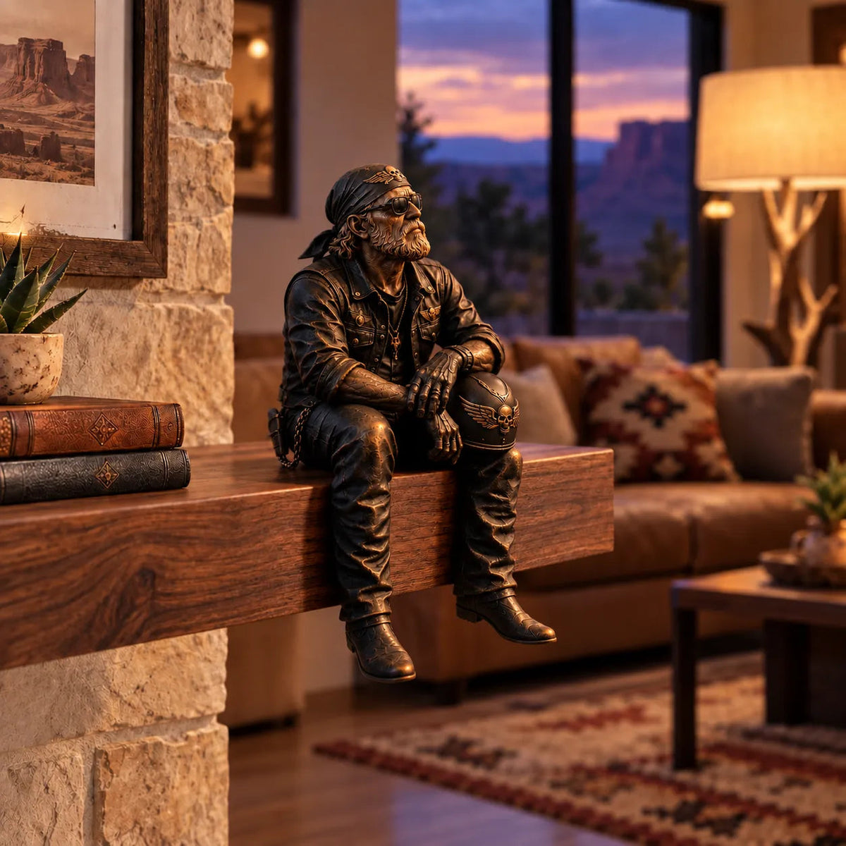 Old biker figurine sitting on rustic shelf