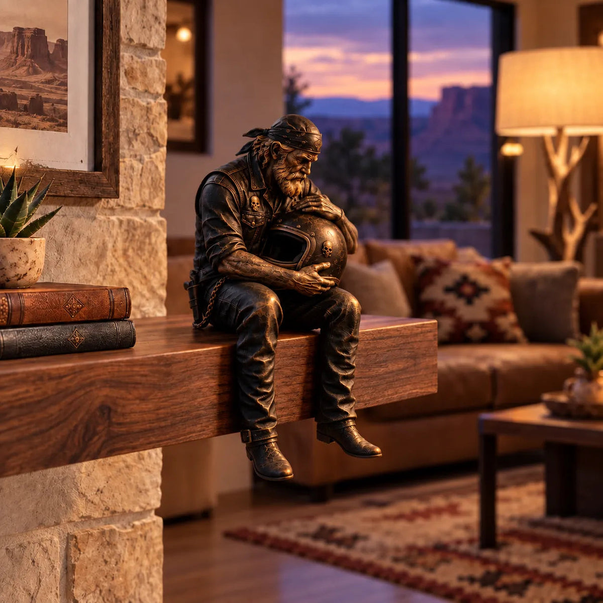 Old biker holding motorcycle helmet shelf sitter