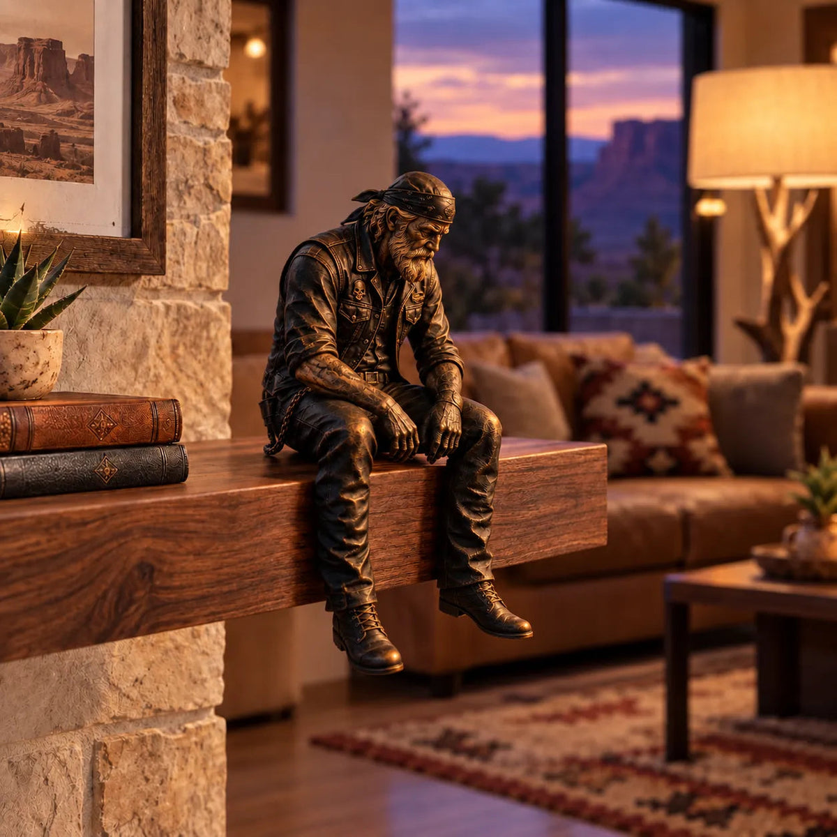 Reflective old biker soul shelf sitter