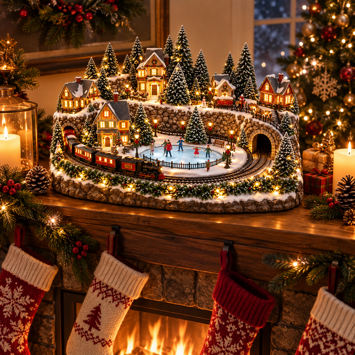 Holiday train and ice rink village on a decorated mantel