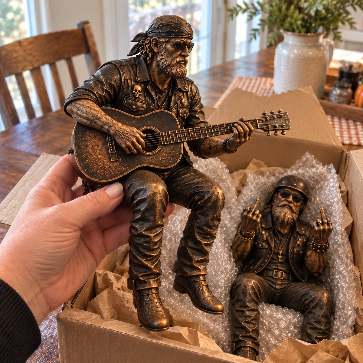 Hand holding Old Biker Soul shelf sitter figurine