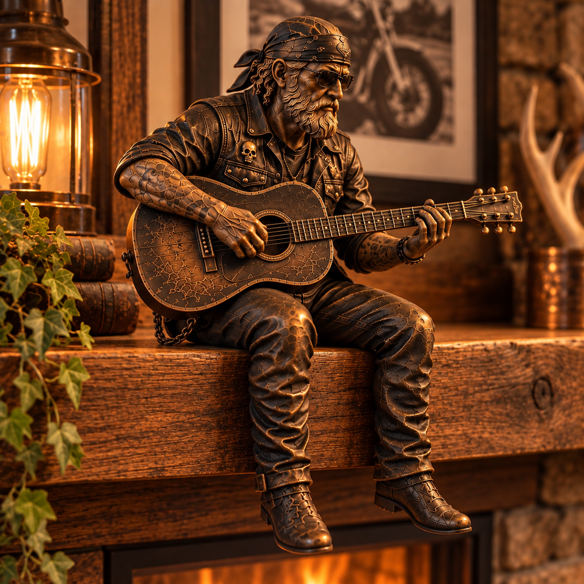 Old biker soul guitar shelf sitter figurine