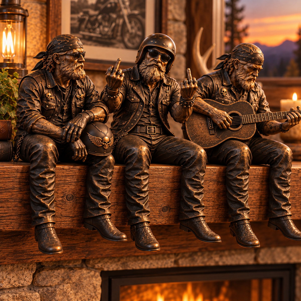 Three Old Biker Soul figurine personalities displayed together