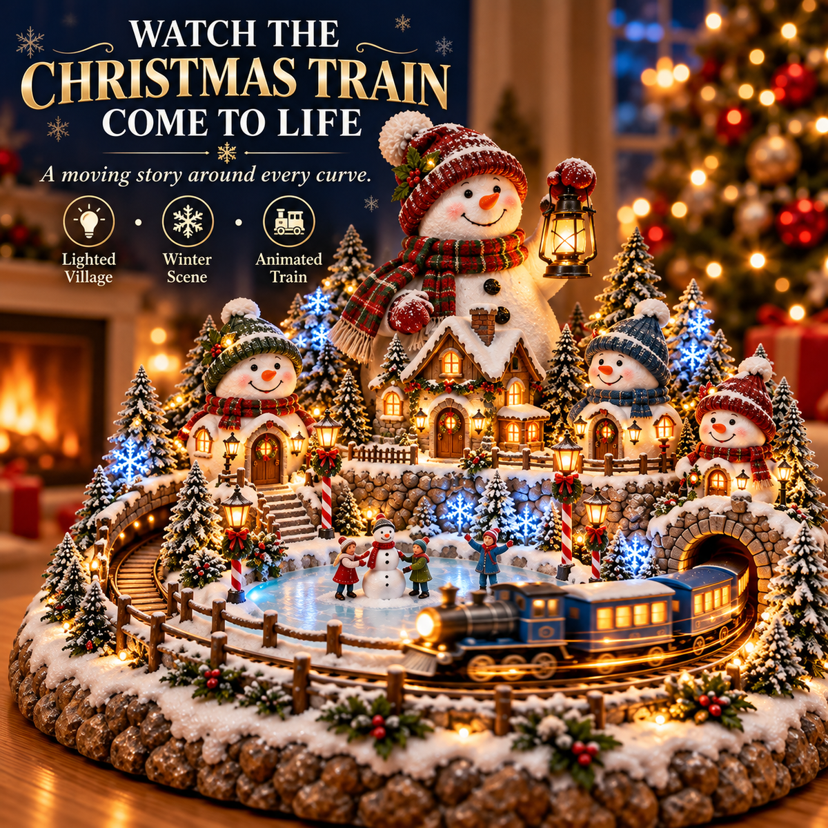 ⛄✨ Snowman Lantern Village™ – Animated Lighted Christmas Train & Winter Village Centerpiece