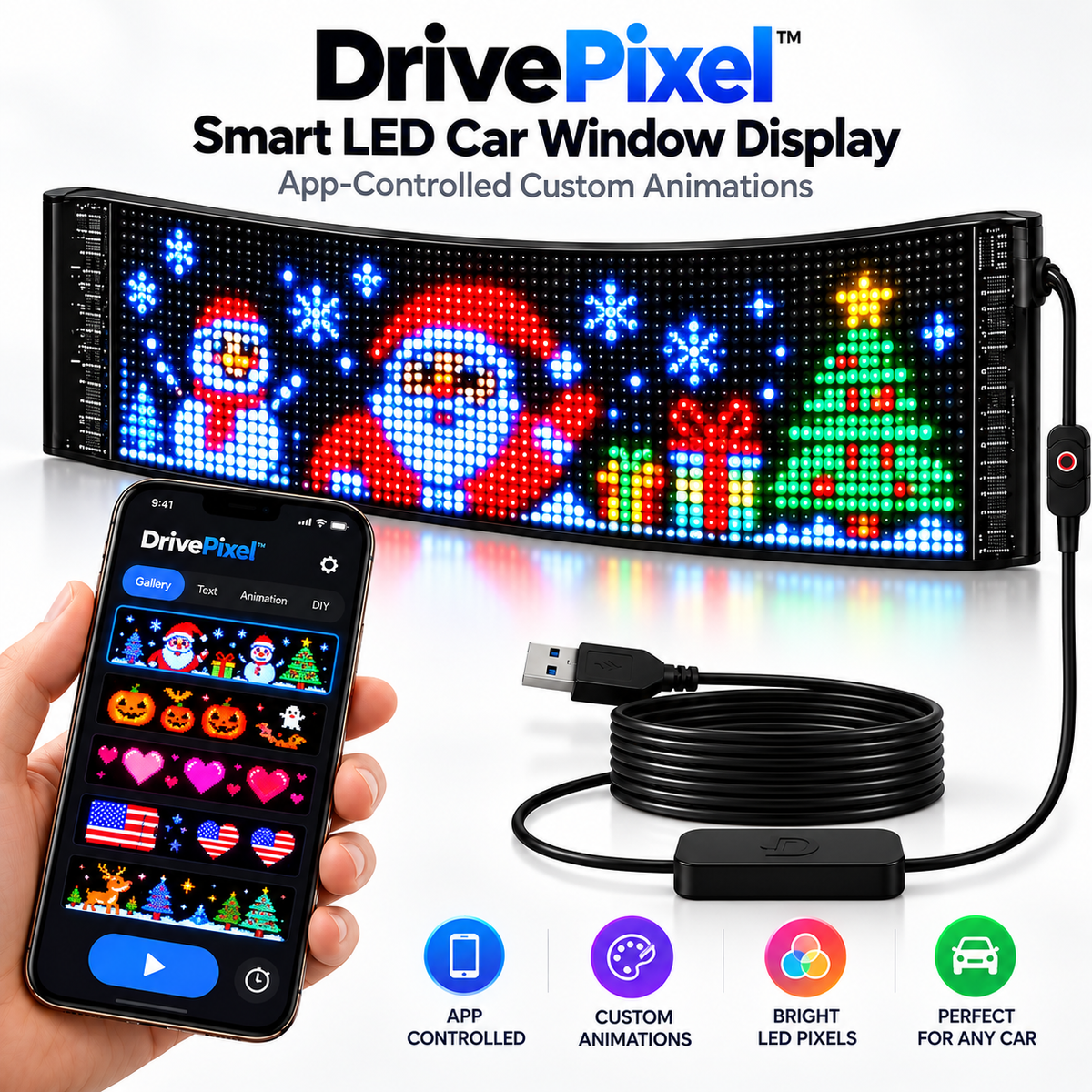 🎄 Animated Christmas LED Rear Window Panel – App Controlled Car Display