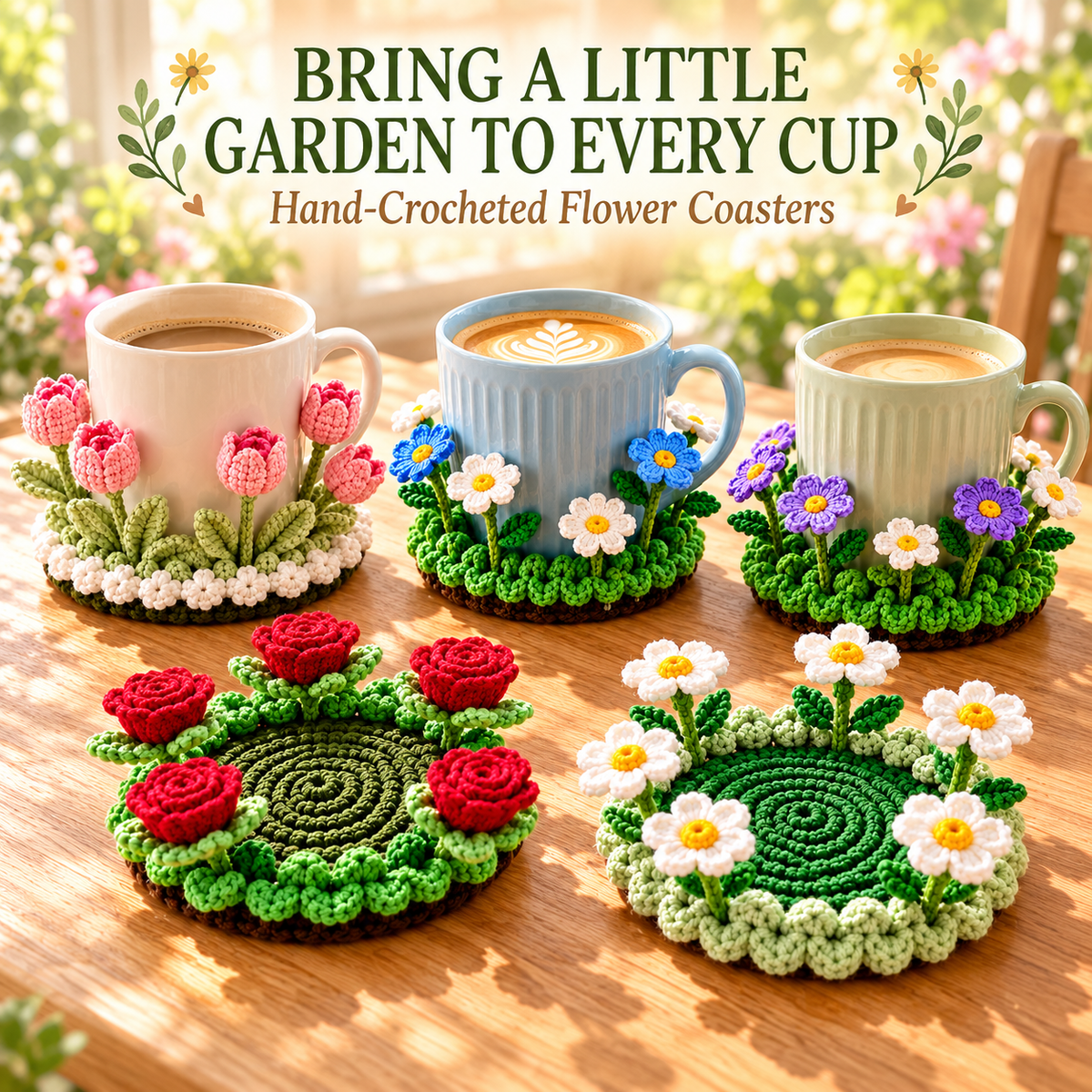 🌸 Blooming Garden Crochet Coaster Collection | 3D Floral Mug Mat & Cozy Table Décor