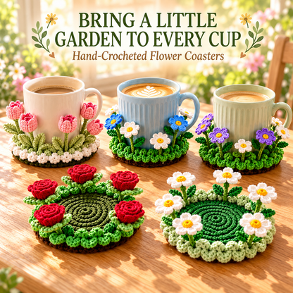 🌸 Blooming Garden Crochet Coaster Collection | 3D Floral Mug Mat & Cozy Table Décor