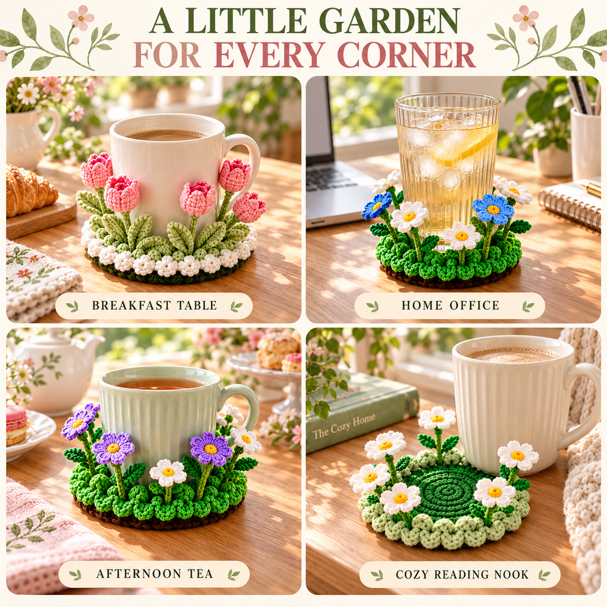 🌸 Blooming Garden Crochet Coaster Collection | 3D Floral Mug Mat & Cozy Table Décor