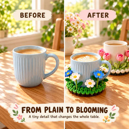 🌸 Blooming Garden Crochet Coaster Collection | 3D Floral Mug Mat & Cozy Table Décor