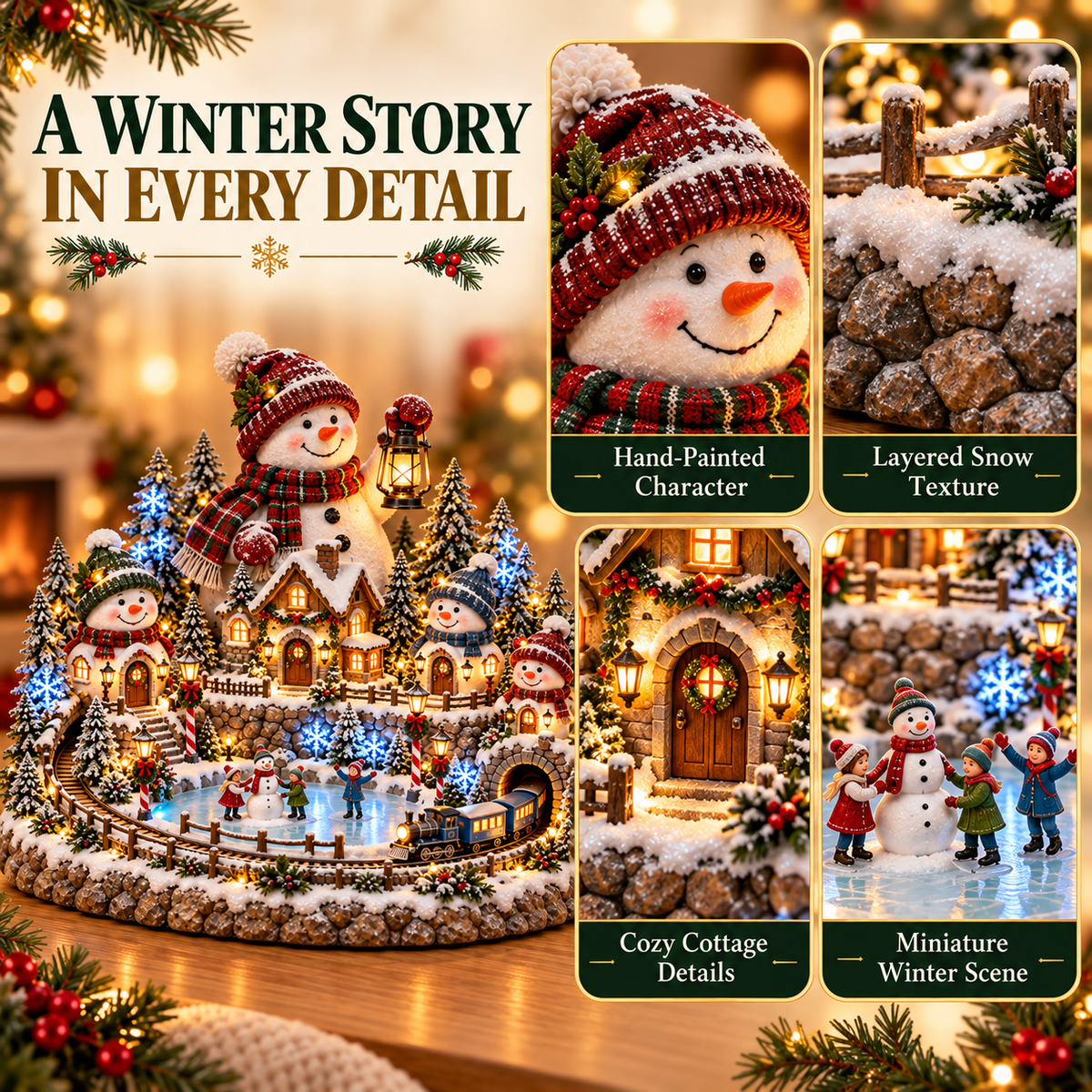 ⛄✨ Snowman Lantern Village™ – Animated Lighted Christmas Train & Winter Village Centerpiece