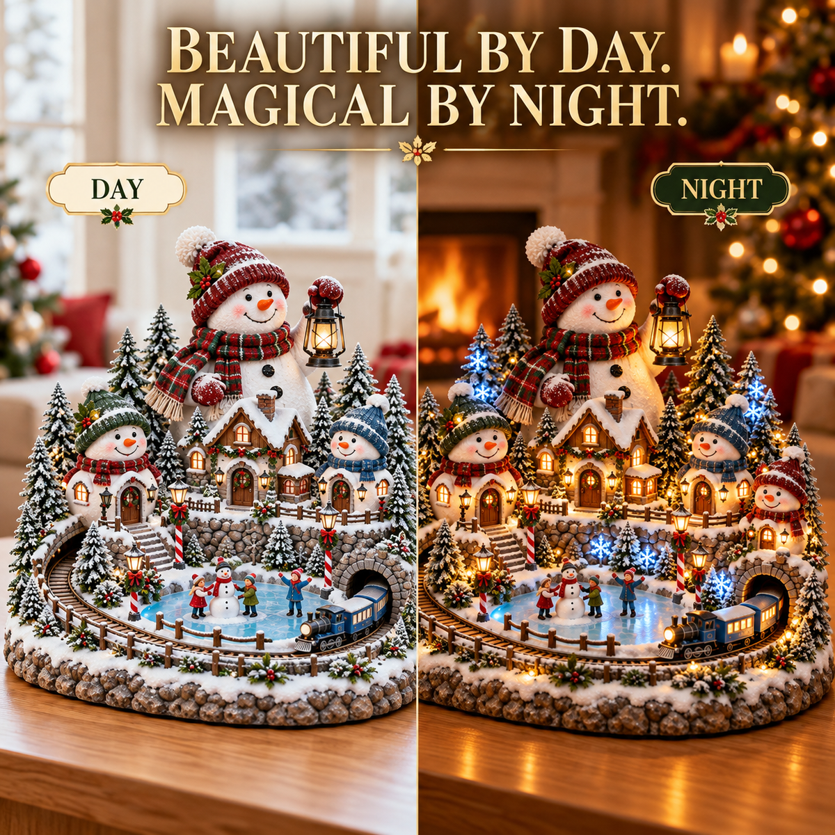 ⛄✨ Snowman Lantern Village™ – Animated Lighted Christmas Train & Winter Village Centerpiece