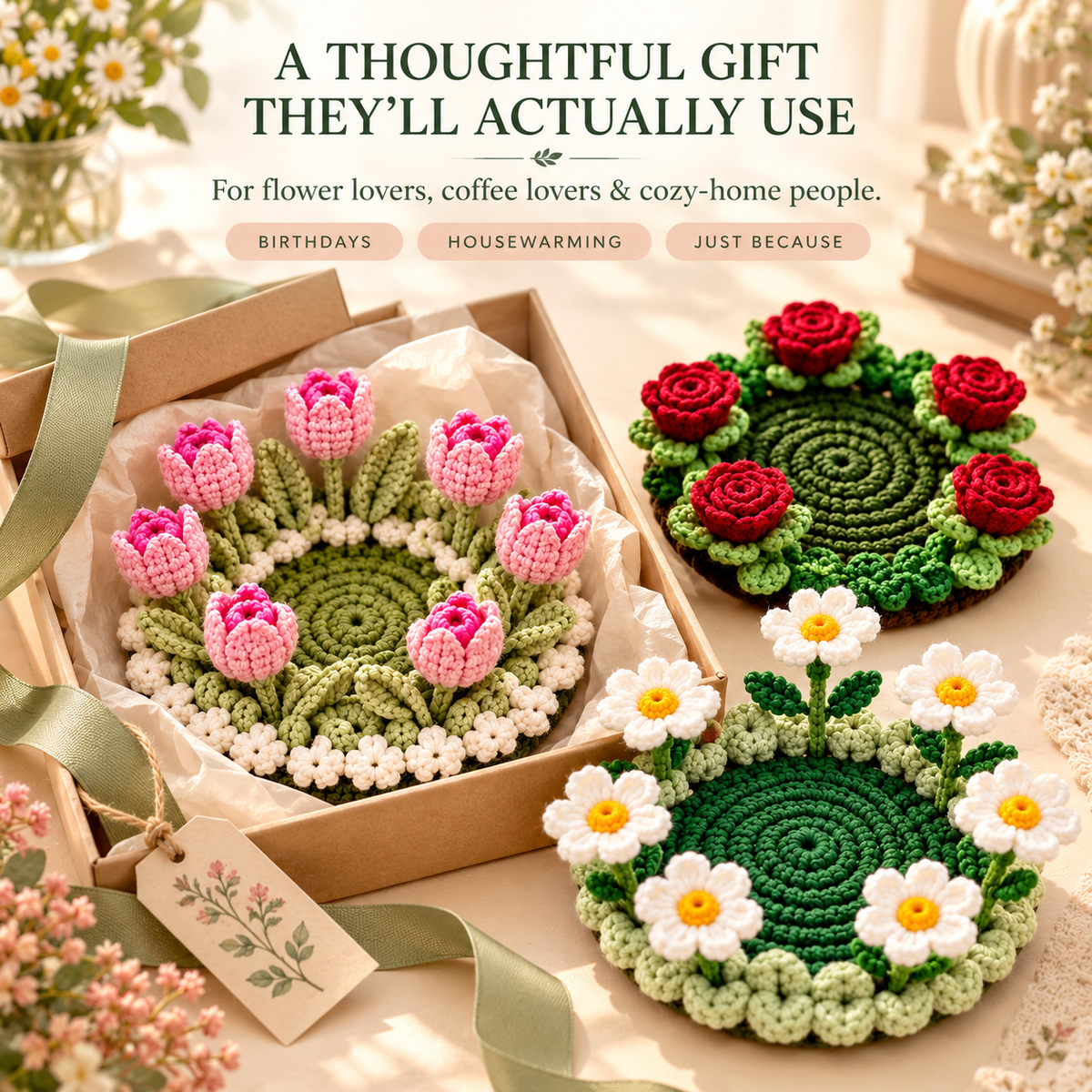 🌸 Blooming Garden Crochet Coaster Collection | 3D Floral Mug Mat & Cozy Table Décor