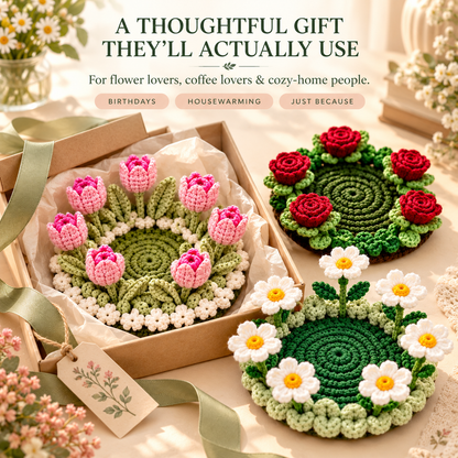 🌸 Blooming Garden Crochet Coaster Collection | 3D Floral Mug Mat & Cozy Table Décor