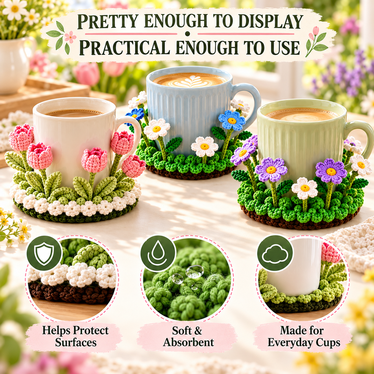 🌸 Blooming Garden Crochet Coaster Collection | 3D Floral Mug Mat & Cozy Table Décor