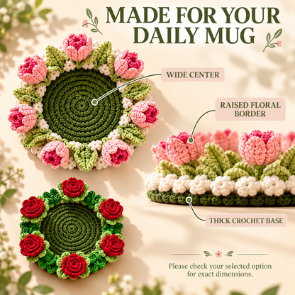 🌸 Blooming Garden Crochet Coaster Collection | 3D Floral Mug Mat & Cozy Table Décor