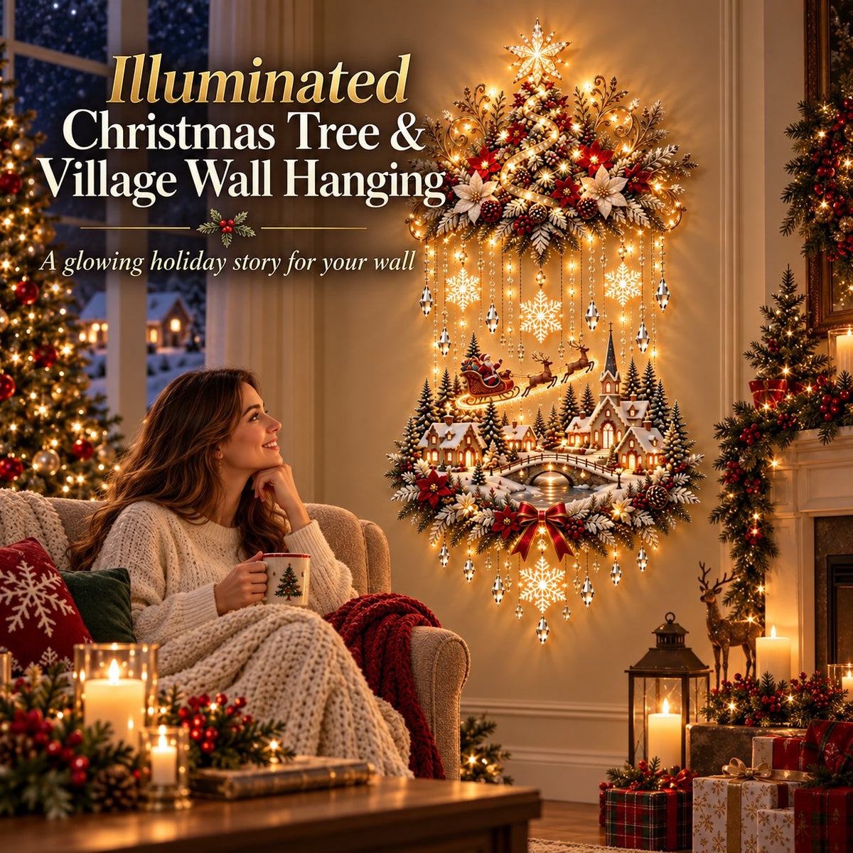 Illuminated Christmas Tree & Village Wall Hanging