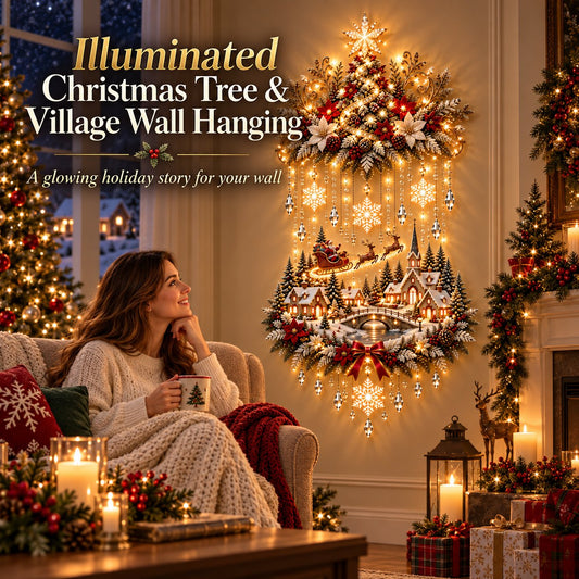 Illuminated Christmas Tree & Village Wall Hanging
