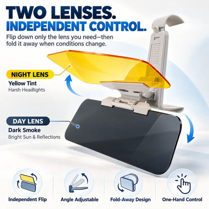 🌞🚗 2-in-1 Day & Night Anti-Glare Car Visor Extender – Reduce Sun Glare & Harsh Headlights, Height-Adjustable Mount & Independent Flip-Down Lenses 🛡