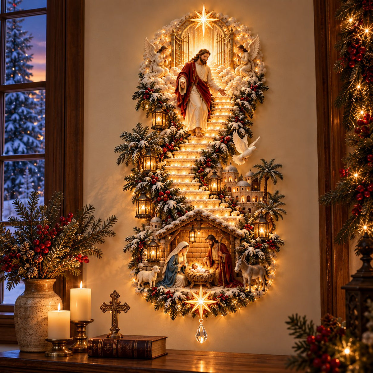 ✝️Jesus Light of Heaven Christmas Wall Hanging | Illuminated Nativity Stairway Decor ✨