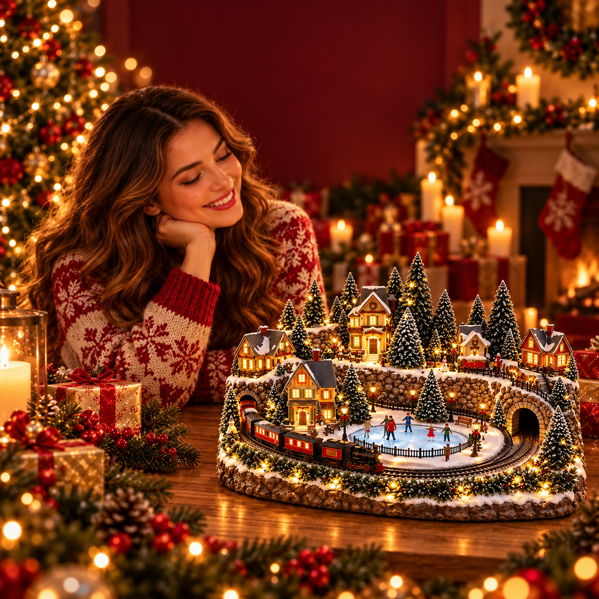 Holiday train and ice rink village displayed in a Christmas living room