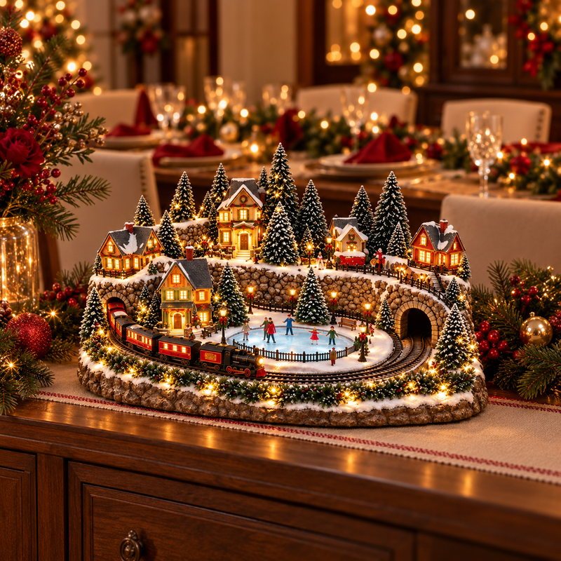 Holiday village displayed on a dining-room sideboard