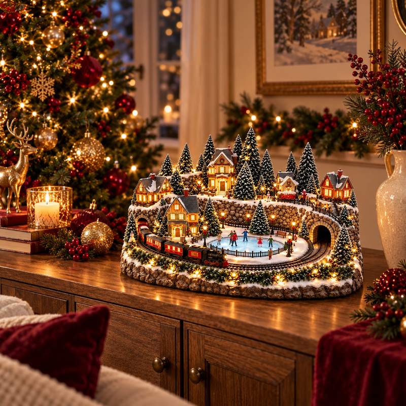 Holiday village on a living-room sideboard beside a Christmas tree