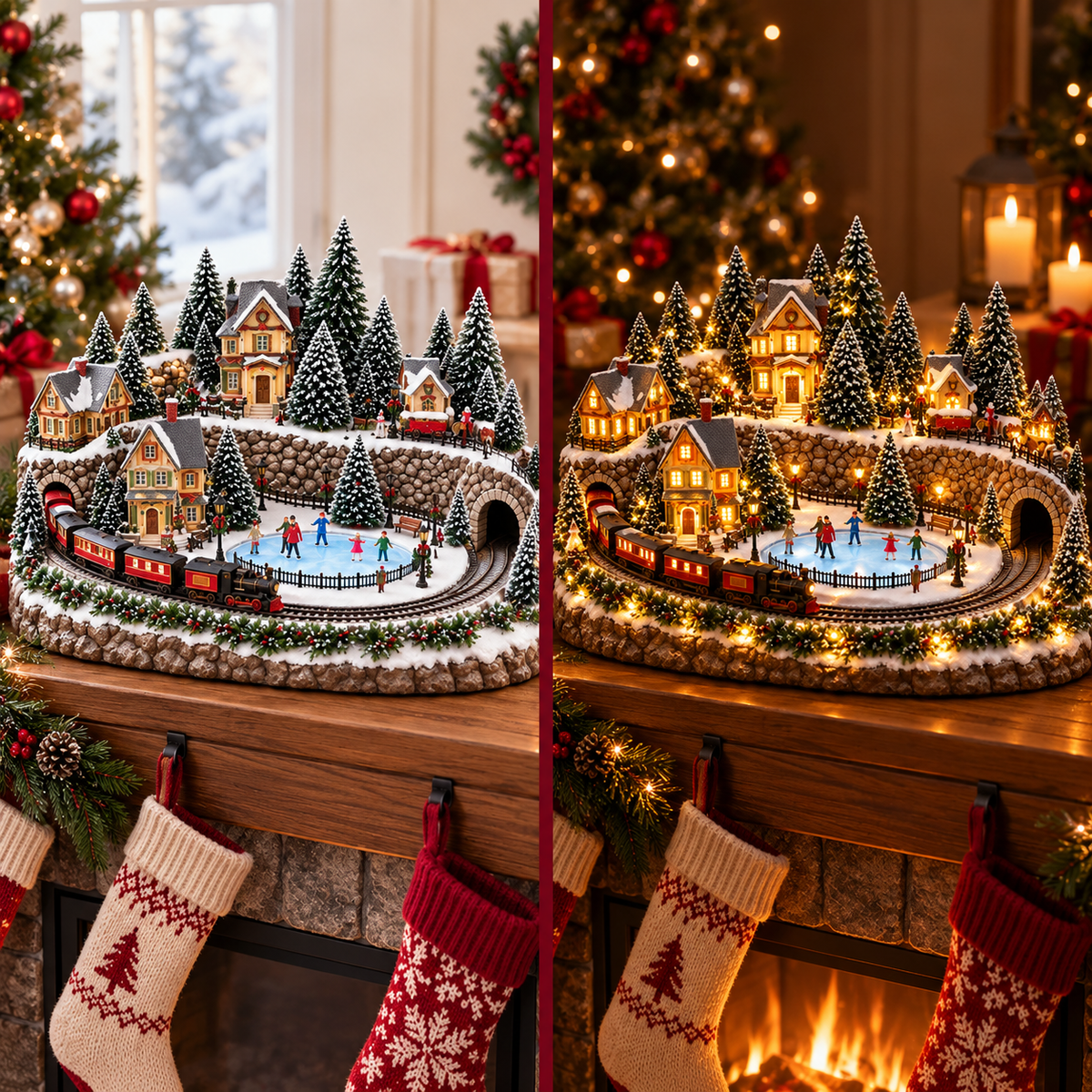 Styled comparison of the holiday train village in daytime and evening light
